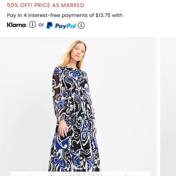 LOFT Blue Black A-Line Bishop Sleeve Dress size 14 - Picture 3 of 3